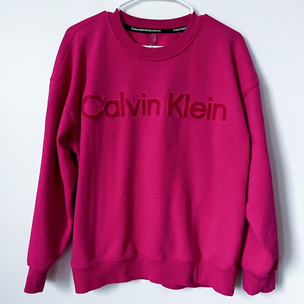 Calvin Klein Velour Logo Crew Neck Sweatshirt Womens XL Bright Pink